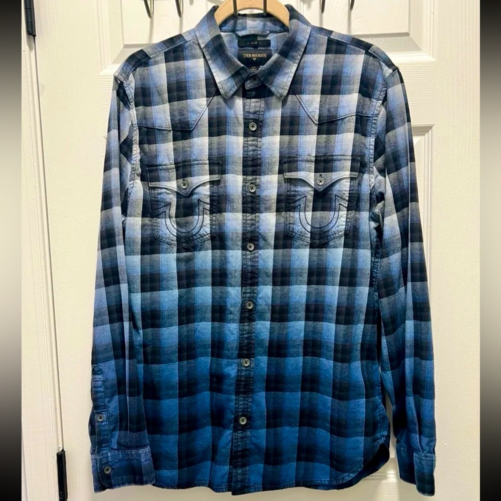 True Religion Slim Long Sleeve Dip Dye Ombré Flannel Button-Up Shirt Size Large